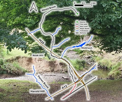 Sketch map overlaid on photo of river